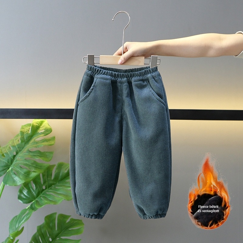 Gyerek corduroy nadrág fleece béleléssel, középső derekú, 100% poliészter, téli viselet