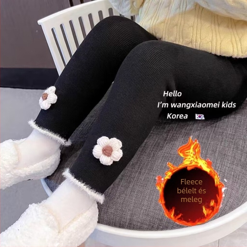 Lányoknak való velúr leggings fleece-bélésű, bokáig érő, középső derékkal, őszi-téli, koreai stílusú, poliészter 90%