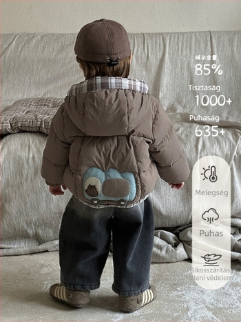 Kétoldalas gyerek dzseki kapucnival, téli, 86–90% pehely, koreai stílus, nylon külső, poliészter bélés