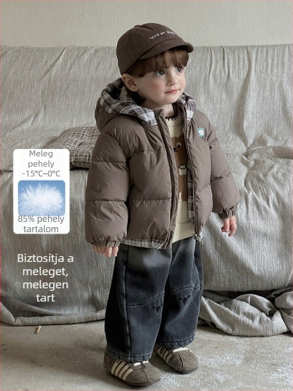 Kétoldalas gyerek dzseki kapucnival, téli, 86–90% pehely, koreai stílus, nylon külső, poliészter bélés
