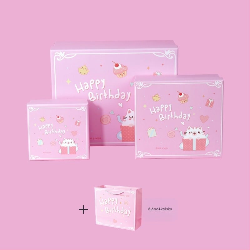 Születésnapi ajándékdoboz — rézlemez + szürke karton, ajándékcsomagolás