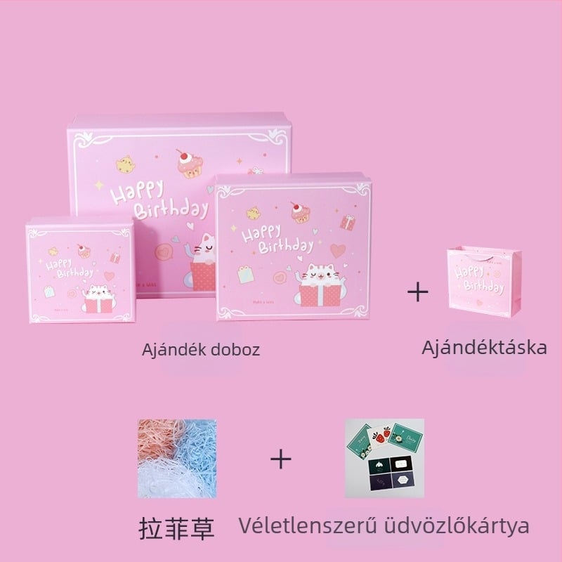 Születésnapi ajándékdoboz — rézlemez + szürke karton, ajándékcsomagolás