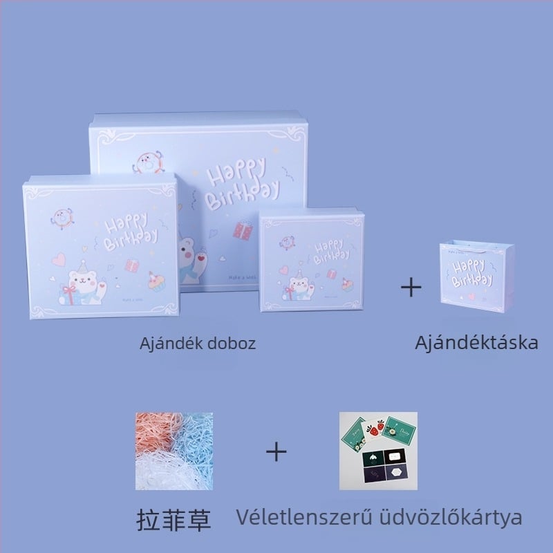 Születésnapi ajándékdoboz — rézlemez + szürke karton, ajándékcsomagolás