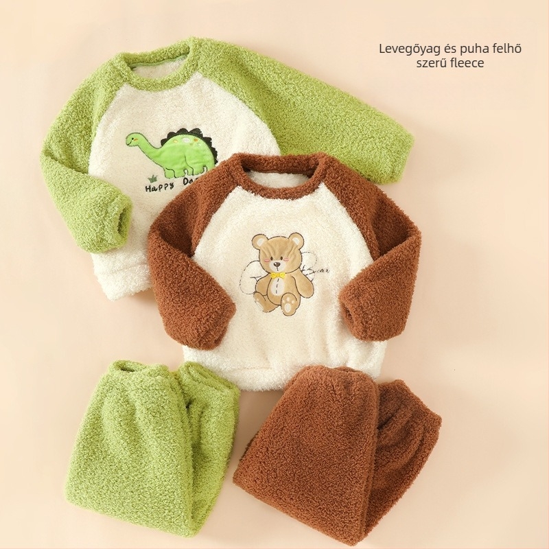 Gyerekeknek készült két részes pizsama korallt velúrból, vastag fleece anyag, hosszú ujjú felső és nadrág, kapucni nélküli, rajzfilm mintával