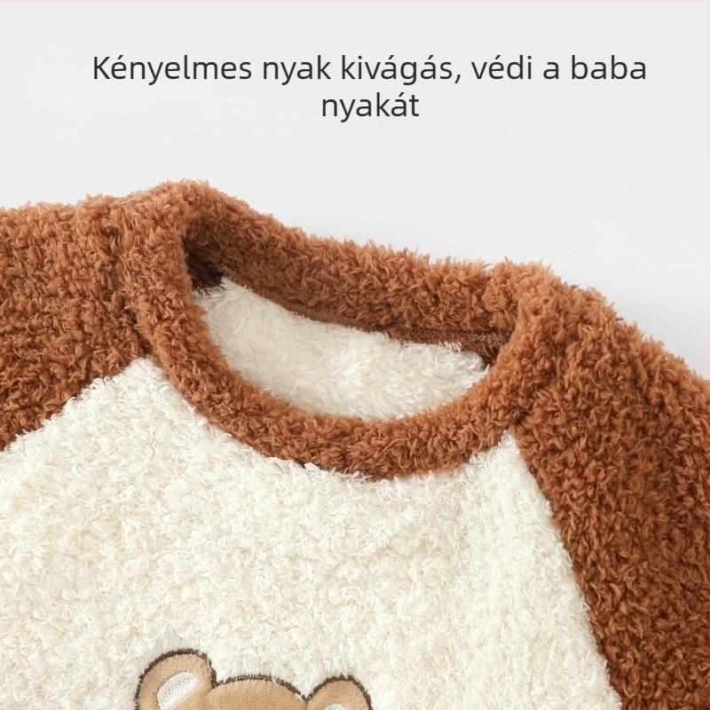 Gyerekeknek készült két részes pizsama korallt velúrból, vastag fleece anyag, hosszú ujjú felső és nadrág, kapucni nélküli, rajzfilm mintával