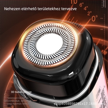 Beépített akkumulátoros elektromos borotva, 45–60 perc működés, kettős töltés, kefemotor, levehető és mosható vágófej