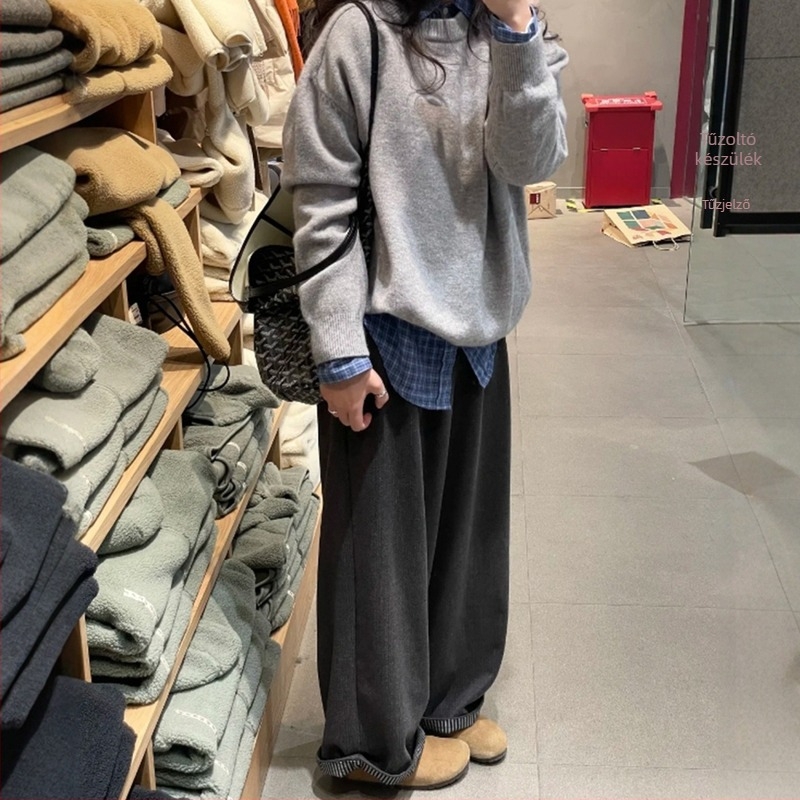 Széles lábú poliészter nadrág, magas derekú, hosszú, laza szabású, japán-koreai stílus