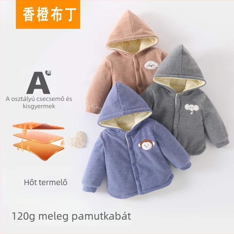 Gyerekek téli kapucnis fleece-pamut felső – uniszex, hosszú ujjú, kerek nyakú, vastag anyag, állat/karikatúra mintázat