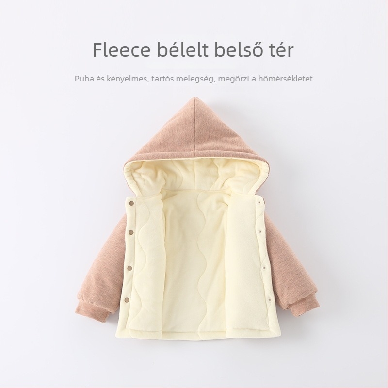 Gyerekek téli kapucnis fleece-pamut felső – uniszex, hosszú ujjú, kerek nyakú, vastag anyag, állat/karikatúra mintázat