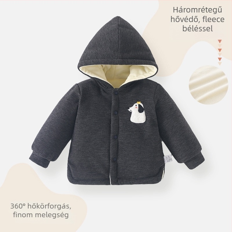 Gyerekek téli kapucnis fleece-pamut felső – uniszex, hosszú ujjú, kerek nyakú, vastag anyag, állat/karikatúra mintázat