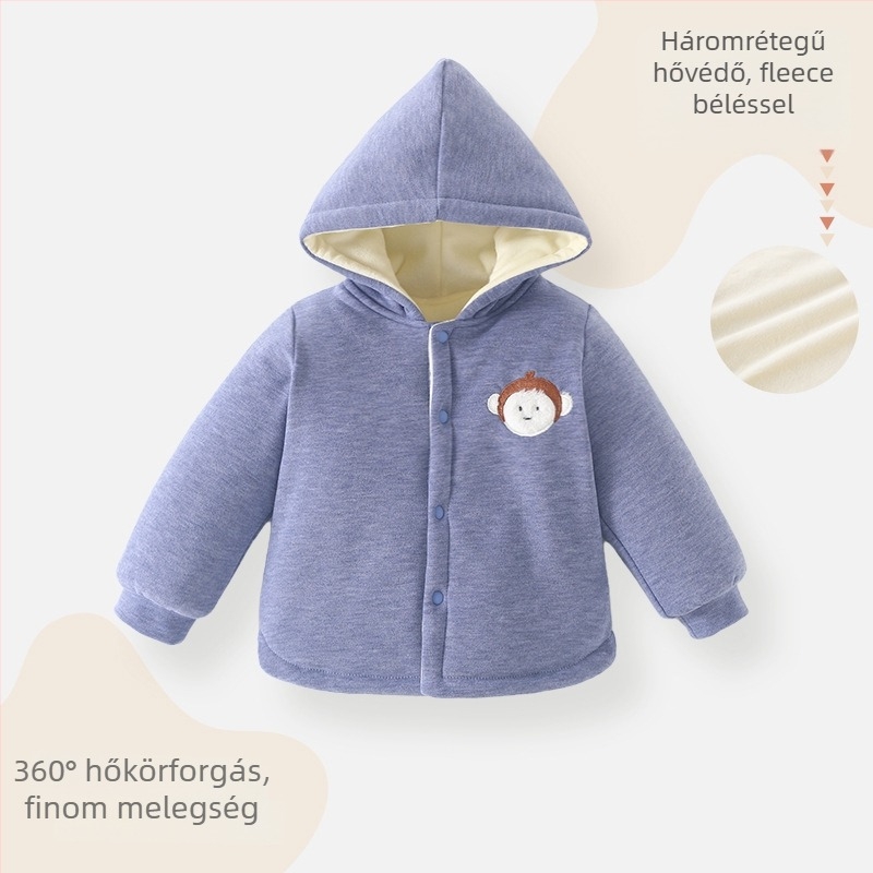Gyerekek téli kapucnis fleece-pamut felső – uniszex, hosszú ujjú, kerek nyakú, vastag anyag, állat/karikatúra mintázat