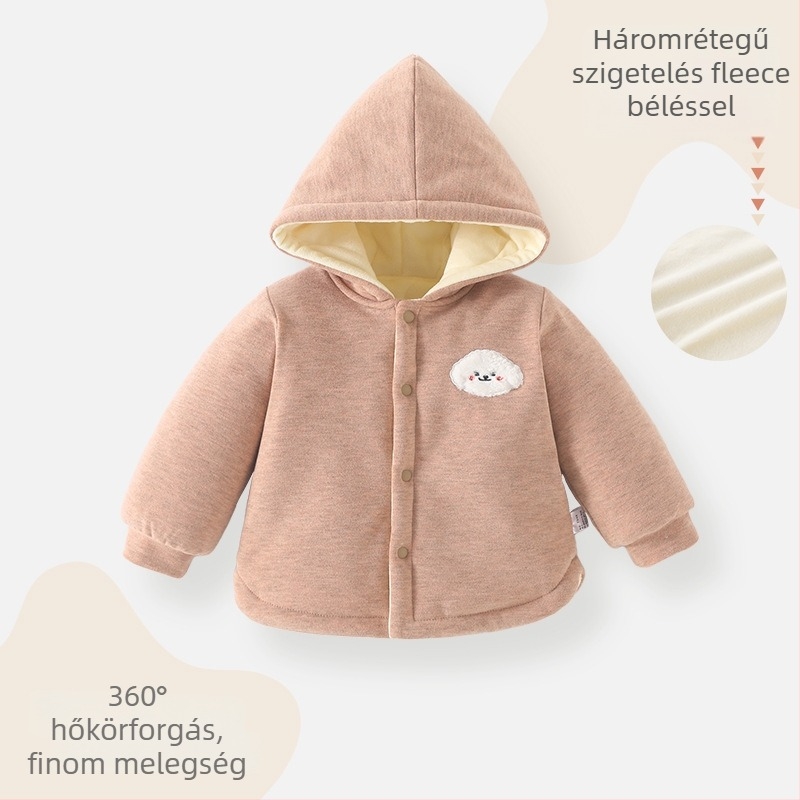 Gyerekek téli kapucnis fleece-pamut felső – uniszex, hosszú ujjú, kerek nyakú, vastag anyag, állat/karikatúra mintázat