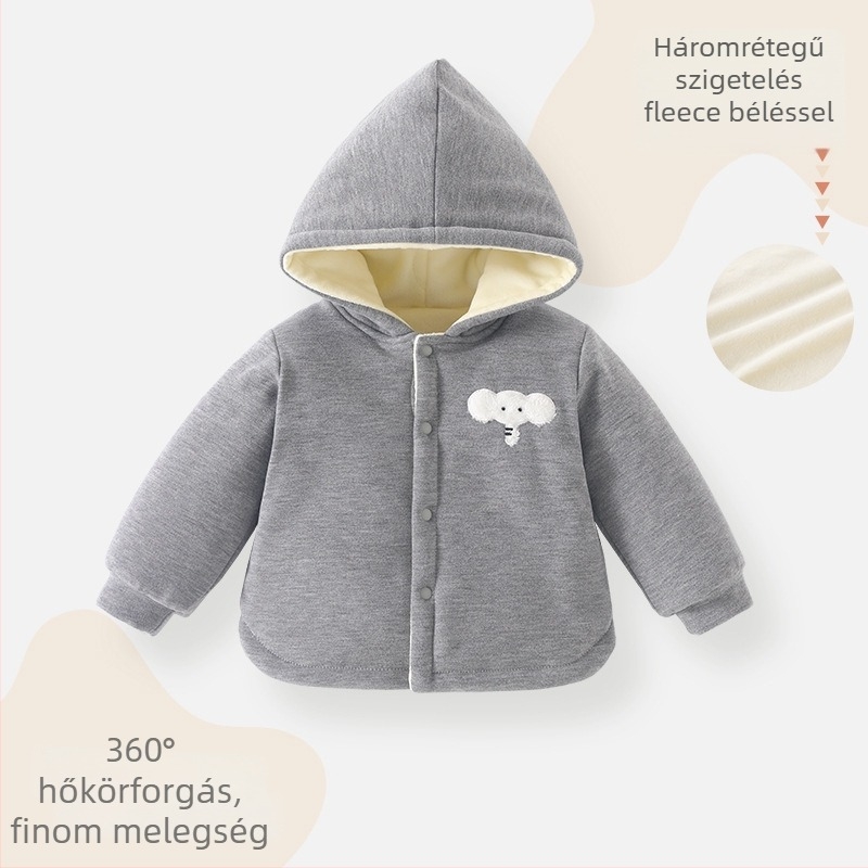 Gyerekek téli kapucnis fleece-pamut felső – uniszex, hosszú ujjú, kerek nyakú, vastag anyag, állat/karikatúra mintázat