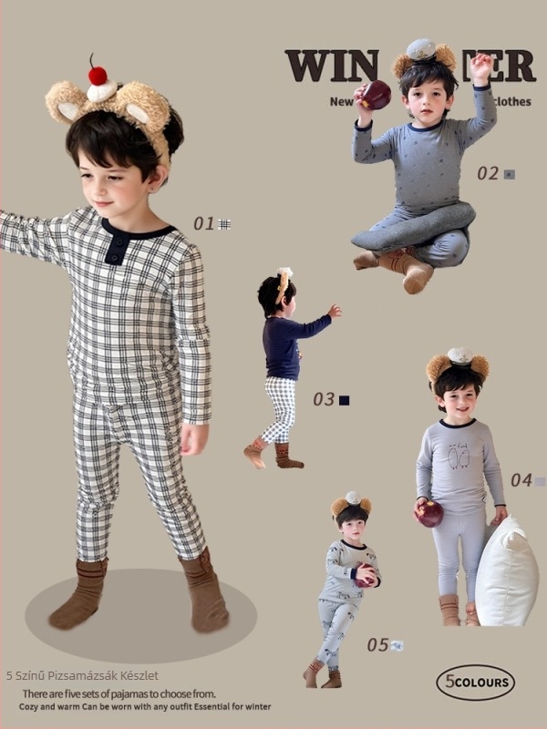 Gyerekek termális pizsama készlet – Cartoon mintás, 95% pamut, nedvszívó, 3–8 éveseknek