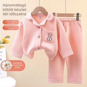 Gyerekeknek őszi-téli háromrétegű bélelt pizsama, uniszex, 3–8 éveseknek, otthoni visel, casual stílus