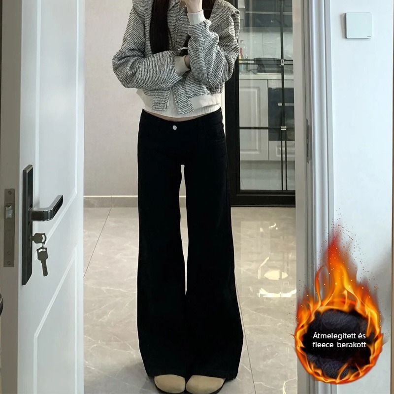 Széles szárú farmernadrág, magas derék, denim 50–70% pamut, cipzár és több zseb