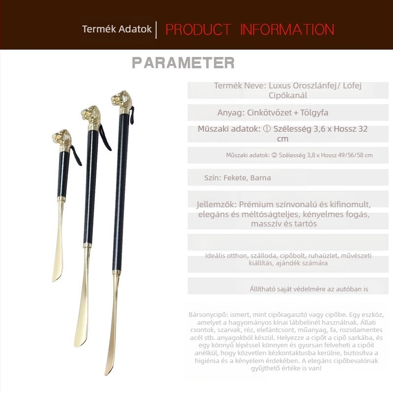 Hosszú cipőhúzó kanál fémötvözet fejjel, fa fogantyúval, zodiák motívumok, modell XD-2305