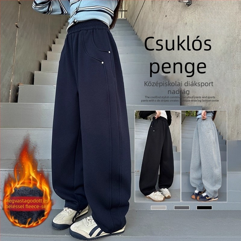 Gyerekeknek készült polár bélelt sportnadrág, uniszex, koreai stílus, 100% poliészter, középmagas derekú