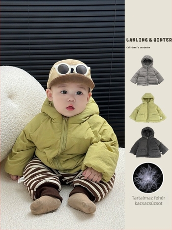 Gyerek téli pehelykabát kapucnival, Koreai stílus, laza szabás, nylon külső anyag, kacsapelyhet töltet, középmagas hossz