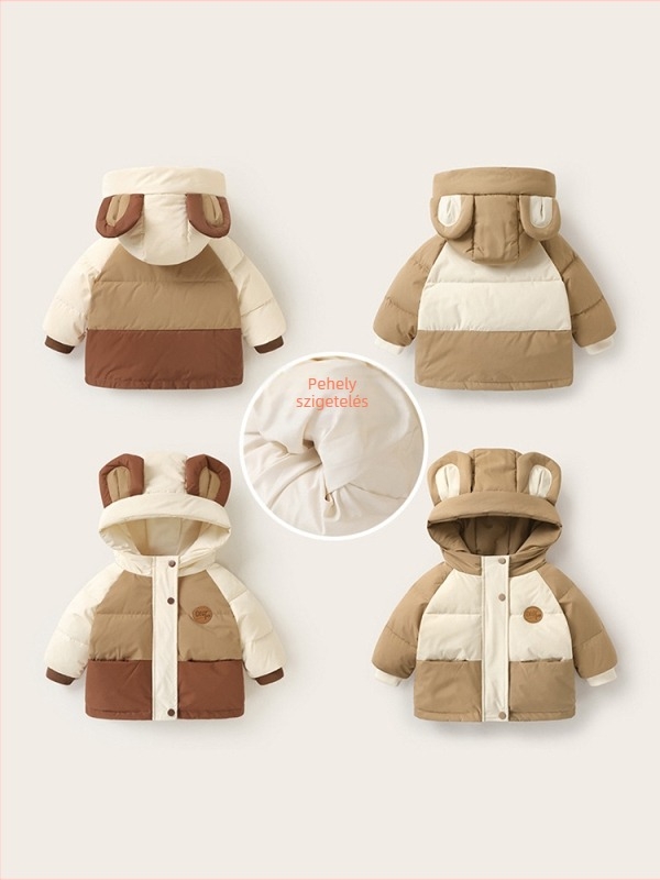 Gyerekeknek szóló kapucnis pehelykabát; töltet: pehely; 1–3 év; téli szezon; stílus: mindennapi