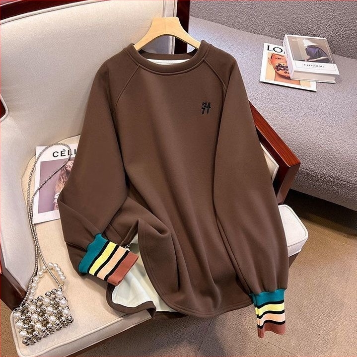 Derong fleece-belelt rétegzett pulóver nőknek, kerek nyakú, hosszú ujjú, laza szabású, egyszínű, őszi-téli kollekció.