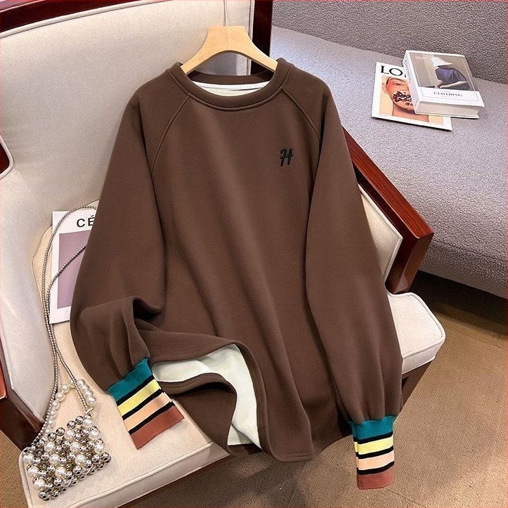 Derong fleece-belelt rétegzett pulóver nőknek, kerek nyakú, hosszú ujjú, laza szabású, egyszínű, őszi-téli kollekció.