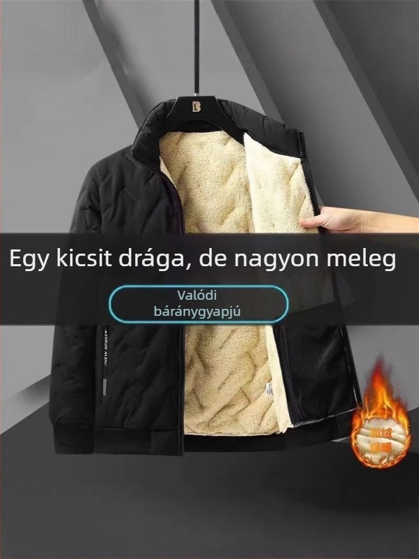 Férfi téli pamut-párnázott kabát fleece-béléssel, szélálló, kapucnival, álló gallérral, cipzáras zsebek