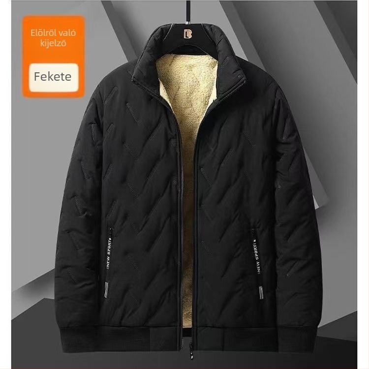 Férfi téli pamut-párnázott kabát fleece-béléssel, szélálló, kapucnival, álló gallérral, cipzáras zsebek