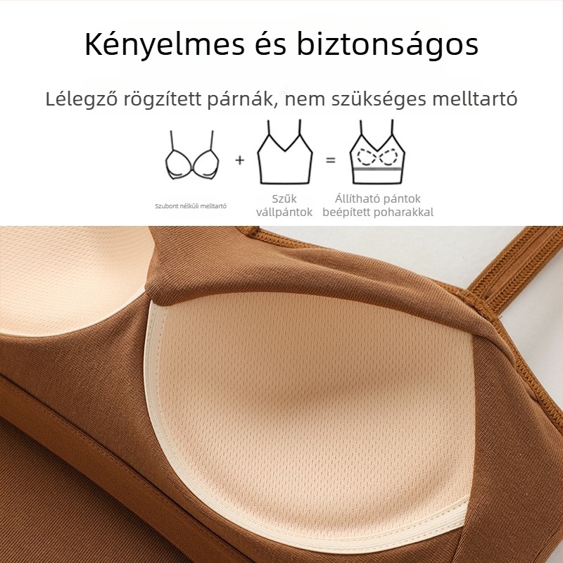 Női pamut felső beépített melltartó párnával, U-alakú hát, 3/4 kosár, fix dupla vállpánt