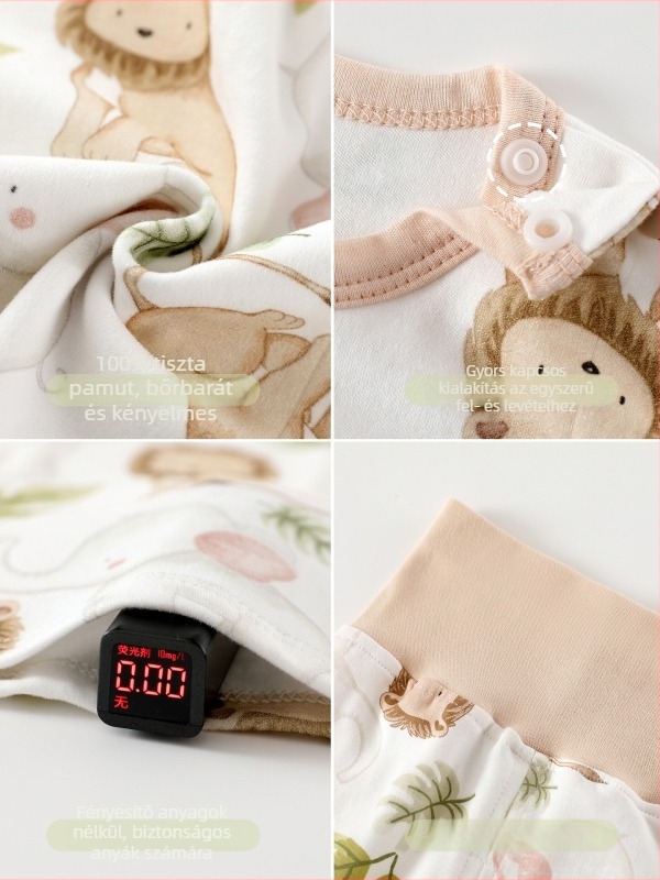 Kisbaba téli 2 részes pamut alsó-felső készlet – uniszex, 0–12 hónap, 100% pamut, rajzolt minta, magas derekú védőhas, lazább stílus