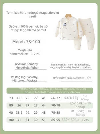 Két darabos pamutból készült téli meleg baba termo készlet, uniszex, V-nyakú, rajzfilm minta, puha felületű anyag