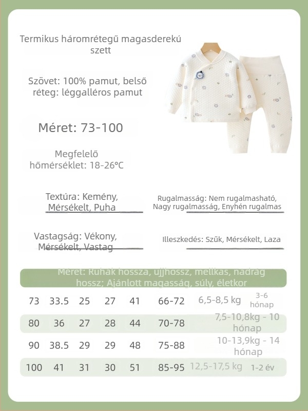 Két darabos pamutból készült téli meleg baba termo készlet, uniszex, V-nyakú, rajzfilm minta, puha felületű anyag