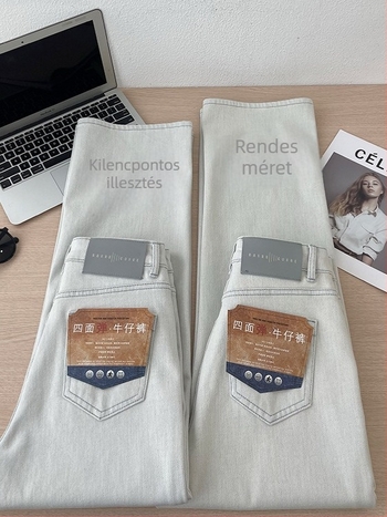 Nadrágok: magas derék, egyenes szabású denim elasztánnal, nagy rugalmasság