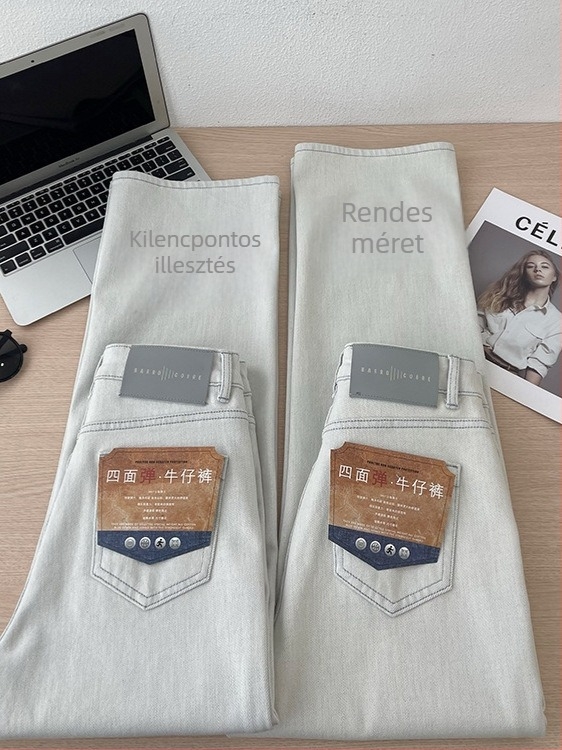 Nadrágok: magas derék, egyenes szabású denim elasztánnal, nagy rugalmasság