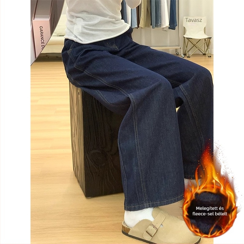 Dénim széles szárú nadrág, fleece-betéttel, magas derekú, pamutban gazdag, ősz 2024
