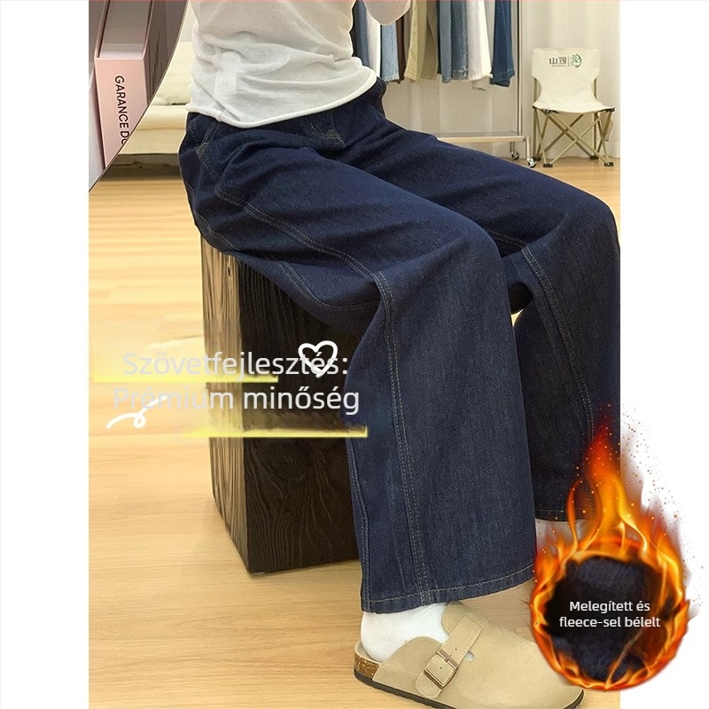 Dénim széles szárú nadrág, fleece-betéttel, magas derekú, pamutban gazdag, ősz 2024