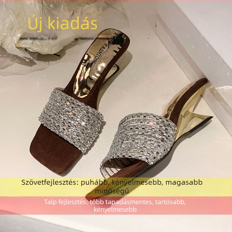 Strasszos magassarkú szandál nőknek, négyszögletes orr, gumírozott talp, felső/belső rész szuper rostból