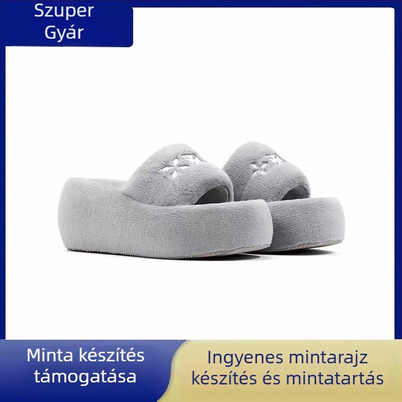 Női plüss papucs nyitott orrú, vastag sarkú, gumírozott talppal és belső szövettel bélelt