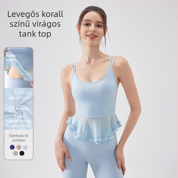 Jóga top mellrész támasztóval és csipkés hátsó résszel; fő anyag: nylon 75%; bélés: nylon 75%; pohár: teljes; pohárforma: középméretű; vállpántok: rögzített dupla; nyárra és tavaszra.