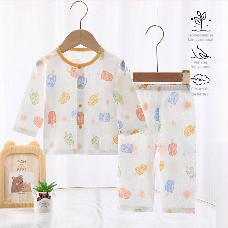 Két darabos nyári babaruha, 100% kombed pamut, uniszex, minták állatokkal/karikatúra, nedvességelvezető