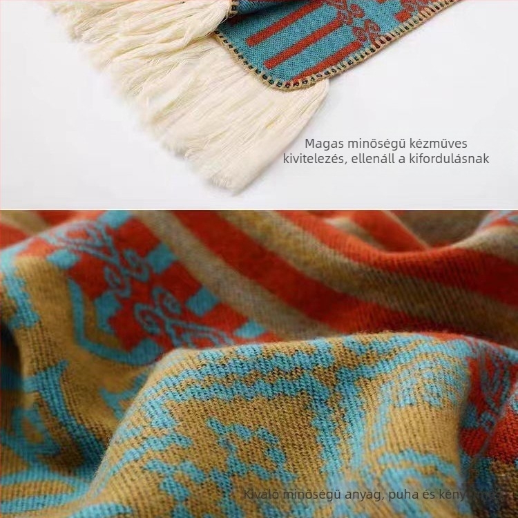 Etno-stílusú nagy sál-köpeny — poliészter fonal, warp-kötésű, virágos mintával, tie-dye felülettel, dekoratív kiegészítő, minden évszakra alkalmas