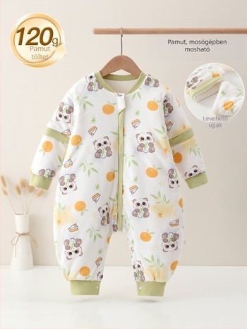 Gyerekeknek való hálózsák szeparált lábakkal; külső és bélés pamut 95%+; töltet space cotton; levehető ujjak; géppel mosható