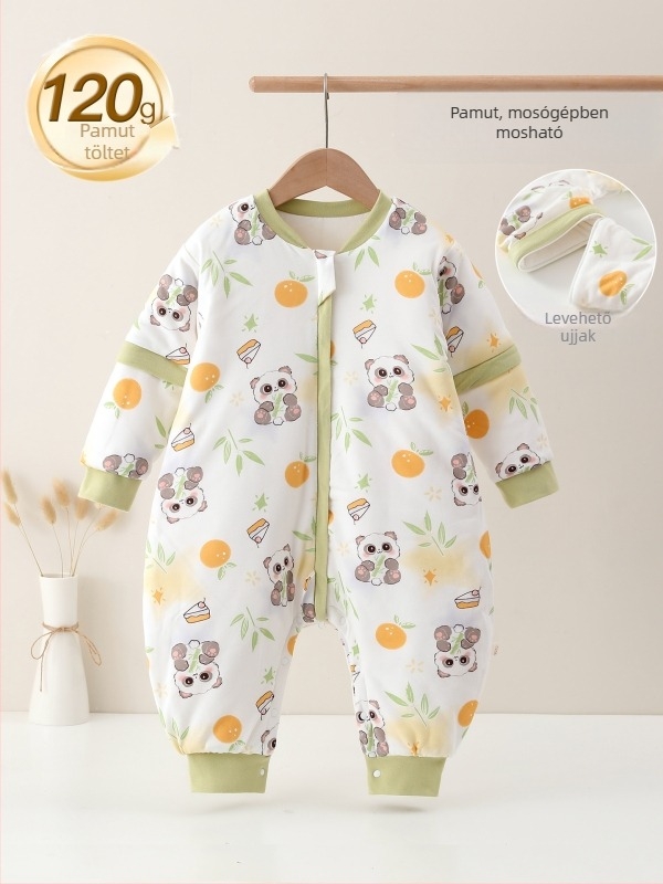 Gyerekeknek való hálózsák szeparált lábakkal; külső és bélés pamut 95%+; töltet space cotton; levehető ujjak; géppel mosható