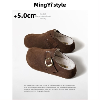 Tehénbőr Baotou slip-on papucs, magasságot növelő talpbetéttel, plüss béléssel, kerek orrú, gumitalp - Téli 2025