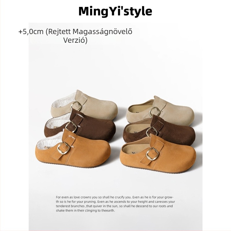 Tehénbőr Baotou slip-on papucs, magasságot növelő talpbetéttel, plüss béléssel, kerek orrú, gumitalp - Téli 2025