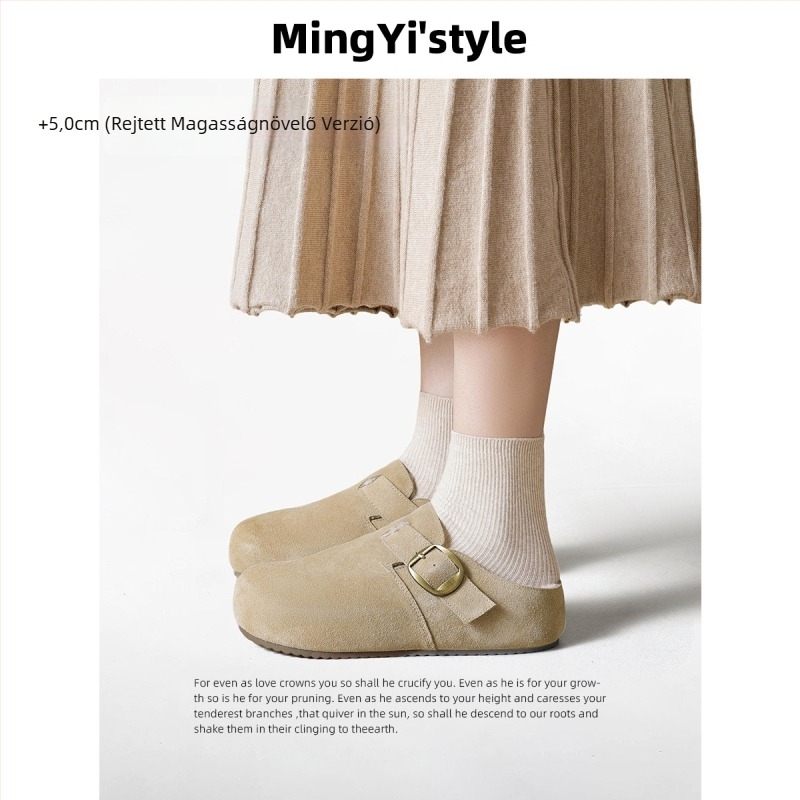 Tehénbőr Baotou slip-on papucs, magasságot növelő talpbetéttel, plüss béléssel, kerek orrú, gumitalp - Téli 2025