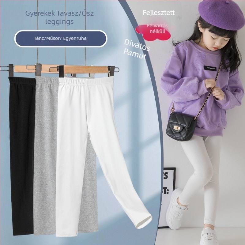 Lányok pamut leggings tavasz–ősz, középmagas derék, teljes hosszúságú, 95% pamut, 3–8 éveseknek