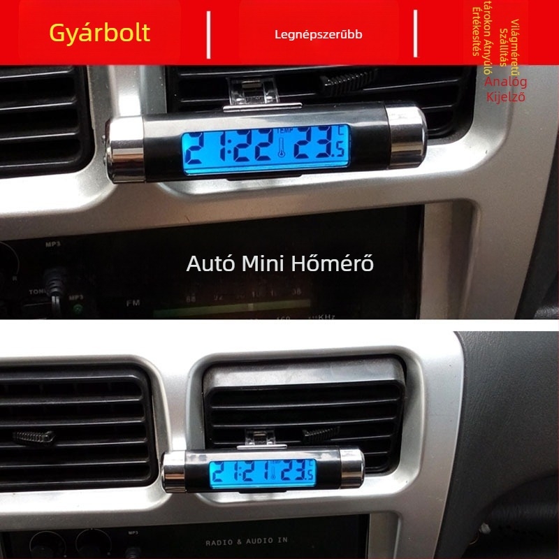 Autóba szánt elektronikus óra és hőmérséklet–páratartalom mérő, fényes LCD kijelzővel és állítható látószöggel