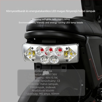 Két az egyben LED hátsó lámpa elektromos kerékpárhoz – összecsukható, modell D-03a, 3 LED, 36-72V, élettartam 30000 h