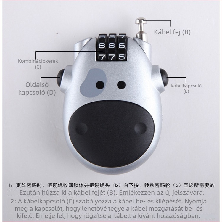 Bukósisak-zár acélhuzallal, jelszavas zár, hordozható ABS műanyag zár, 70 g, márka Jasit, nyomtatott logó, licencelhető magáncímke